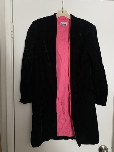Small Vintage 80s Patra Black Velvet Pink Satin Duster Jacket Punk Gothic Vamp - Picture 2 of 7