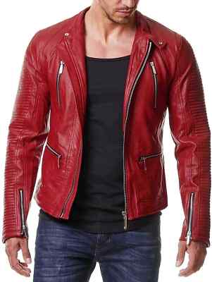 STYLISH New Men's Red Jacket 100% Real Sheepskin Causal Slim Fit Coat Jacket