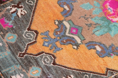 1x3 ft Vintage Oushak Rug: Orange Green Floral Tribal Carpet for Bedroom - Picture 7 of 10
