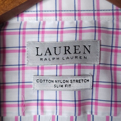 Camisa Ralph Lauren Para Hombres S 14.5 Calce Ajustado Rosa A Cuadros Abotonada Algodón Elástico - Imagen 7 de 10