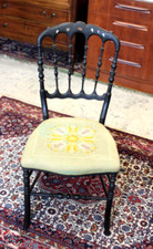 English Antique Painted Black Chiavari Chair | Needlework Upholstered Seat