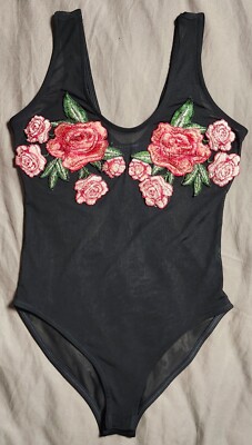 One LOVE Clothing Mesh Women's Bodysuit Black Embroidered Roses Size Small