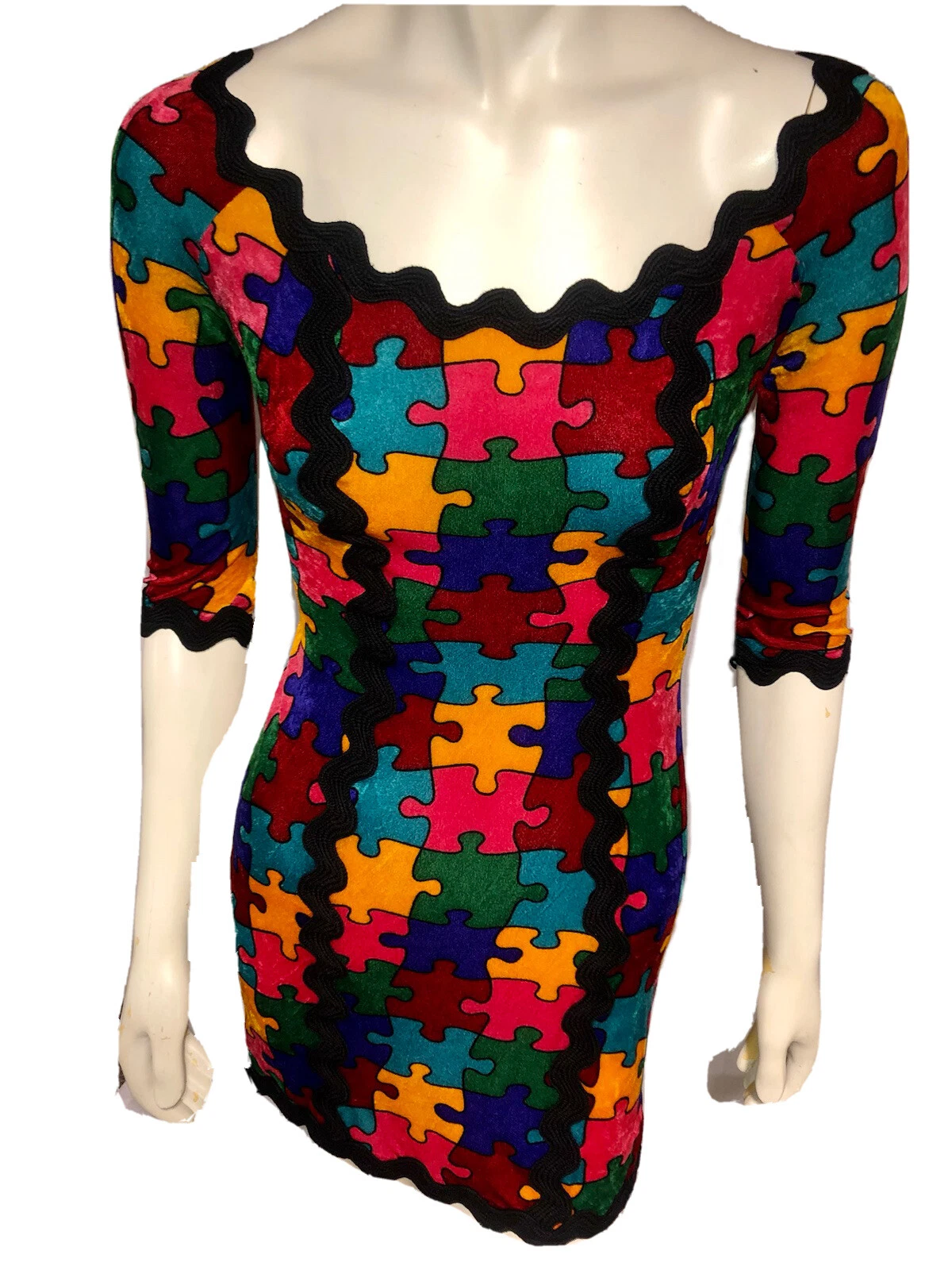 Abito con puzzle vintage in velluto MOSCHINO economico e chic degli anni '90 taglia 8