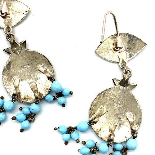 Vintage Sterling Signed 925 Lotus Flower Enamel Turquoise Bead Dangle Earrings - Picture 4 of 7