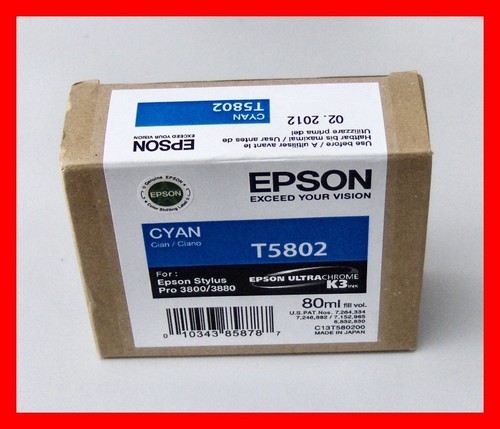 01-2018 NIB Genuine Epson Pro 3800 3880 Cyan K3 Ink T5802 T580200 - Afbeelding 1 van 1