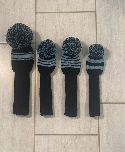 Hand Knit Golf Club Covers - Vintage Style With Pom Pom - Black and Light Sage - Picture 2 of 9