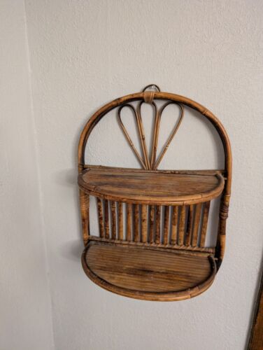 Vintage Boho Coastal Rattan Sculptural Bamboo Wall Hanging Shelf - Picture 2 of 5
