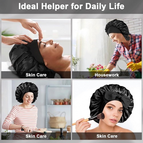 2Pcs Satin Silk Hair Bonnet for Sleeping Large Adjustable Sleep Cap for Curly Ha - Picture 7 of 11