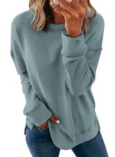 Womens Ladies Oversized Long Sleeve Crewneck Sweatshirt Side Split Loose Fit ...