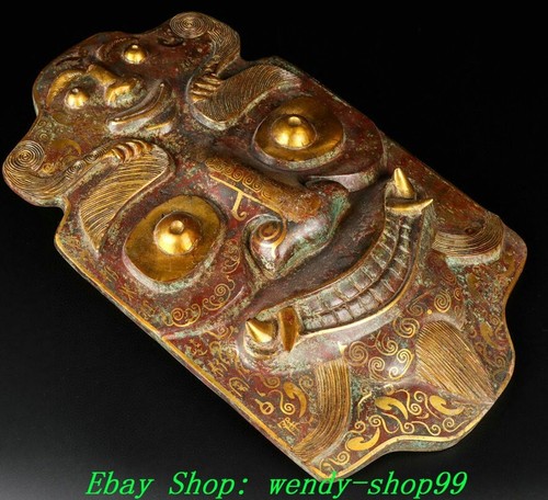 19" Old Chinese Dynasty Bronze Ware Gold Dragon Beast Head Face Shield Statue - Picture 7 of 9