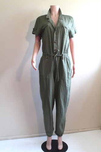 Rosie Riveter H&M Utility Jumpsuit L Linen Blend Khaki Green SS Button Pockets - Picture 6 of 9