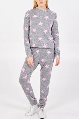 Star Print Lounge Wear Set - Grey/Pink - Size M/L