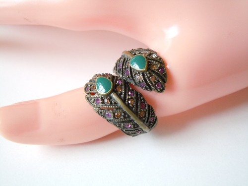 Ring Strasssteine Violett & Email Grün Blatt Motiv 7,7 g/Gr.54 - Bild 6 von 7