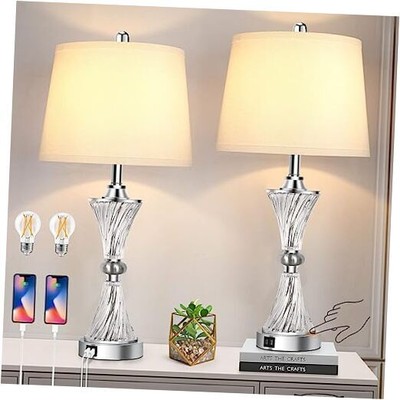 Set of 2 Touch Control Glass Table Lamps with 2 USB Charging Ports, 3 Silver