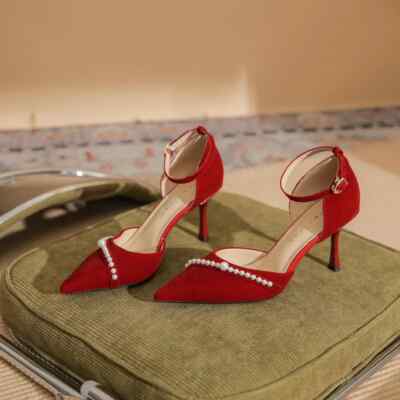 Decolte Scarpe Donna cm Rosso Perle Cinturino Elegante Pelle