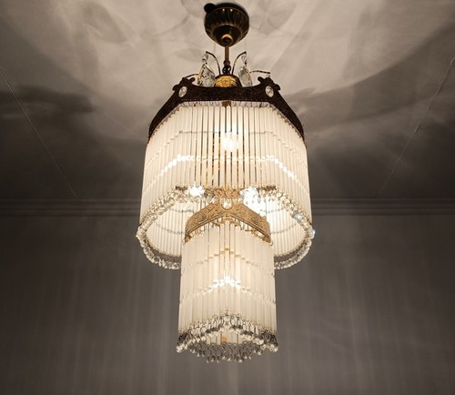 French Vintage Pendant Chandelier with glass tubes Prisms Brass Hobo Chic - Picture 5 of 10