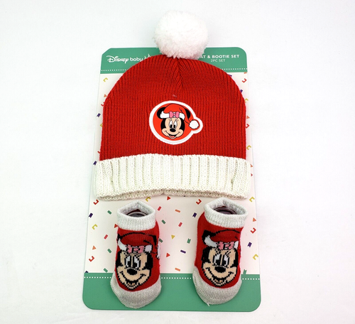 Disney Baby Minnie Mouse Baby Red White Christmas Santa Hat & Bootie 2 Pc Set