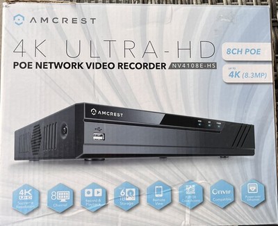 Amcrest NV4108-HS 4K 8CH NVR 6TB Storage, Onvif, Remote View, DIY, Wired, Black