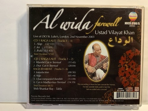 Vilayat Khan-Al Wida, Farewell-Navras NRCD 0188/9 UK Import 2 CD set RARE NM-! - Picture 2 of 3