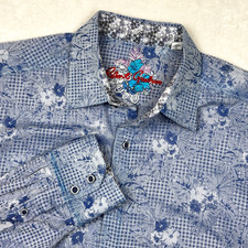 Robert Graham Dress Shirt Mens L Blue Floral Flip Cuff Button Up Long Sleeve