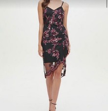 GUESS Embroidered High Low Dress Black Burgundy Floral Mesh Size 6 Cocktail Part