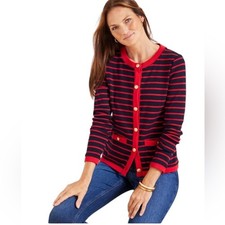 Talbots Patch Pocket Cardigan Delfina Stripe Plus Size 2X Indigo Ruby Red Work