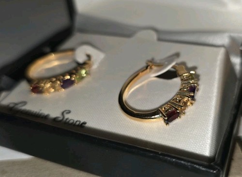 18K Over Brass Genuine Stone Hoop Dangle Earrings, New - Picture 6 of 8