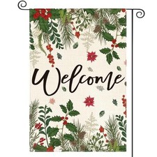 Poinsettia Holly Berries Christmas Garden Flag 12x18 Inch Garden Size-12 x 18"