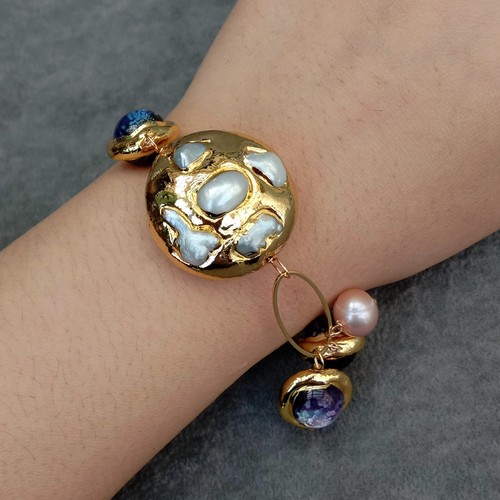 8" Cultured White Keshi Pearl Purple Murano Glass Beaded Pink Pearl Bracelet - Picture 2 of 6