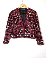 Zara Embroidered Jacket Size S Boho Hippie Embellished Folklore Boxy Red Black