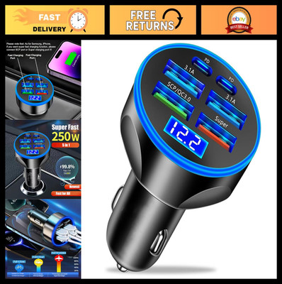 6-in-1 USB C Car Charger Adapter with Voltage Display - Fast Charge Multi-Port 2