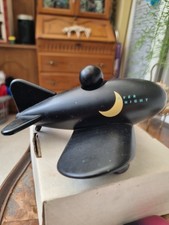 OVERNIGHT Wooden Toy Black Pilot Figure Plane 7" long 3" tall