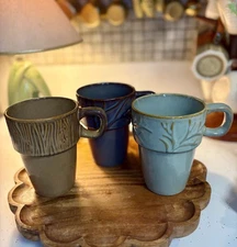 MercAsia Stackable Mugs Set of 3 Ceramic Stoneware Nesting Cup Vintage 16oz