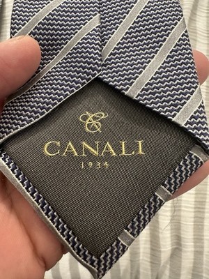 Canali Men's Tie Gray Striped, 59L/3.0W, 100% Silk, Made in Italy