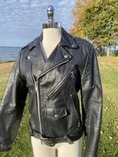 Vtg Bermans Leather Biker Jacket Size 36 Small Black Zip Belt 1970s Punk Grunge