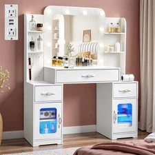 Modern Large Makeup Vanity Desk With Lighted Mirror, 3 Drawers,Charging Station