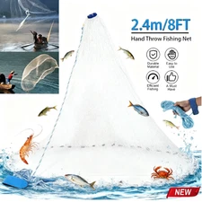 8FT Fishing Cast Net Bait Easy Throw Hand Cast Strong Nylon Mesh 3/8inch Mesh