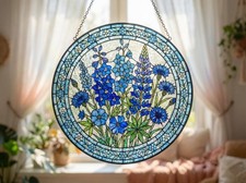 Blue Wildflower Stained Glass Suncatcher - Botanical Glass Window Hanging