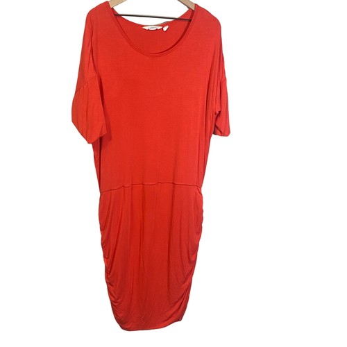 Athleta Solistice Tee Dress Ruched Bottom Half Sleeve Coral Red Modal Blend XL - Picture 2 of 11