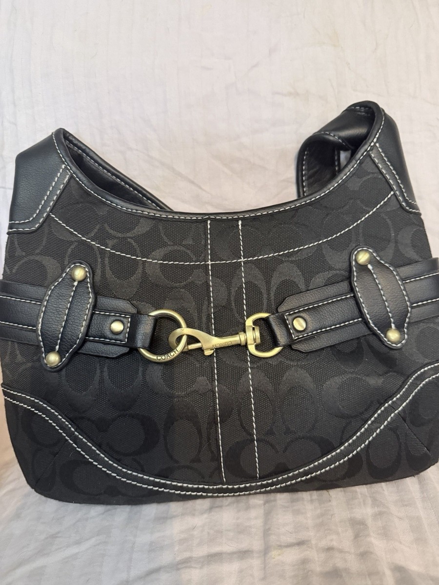 バッグ Coach Hampton Leather Black Horsebit Bag Coach Hampton Signature Hobo Bag Black Monogram Canvas with