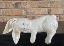 Vintage Ceramic Sleeping Bunny Shelf Sitter Hand-painted White Rabbit Signed