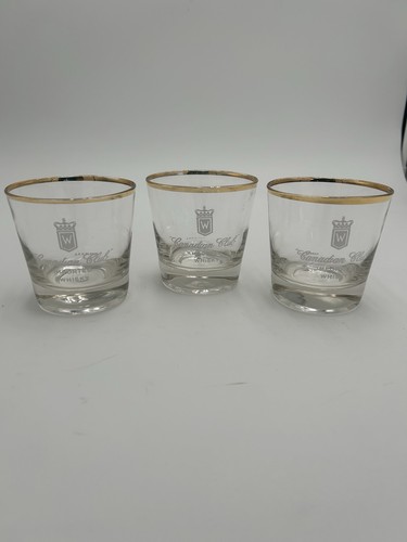3 Vintage Gold Rim Canadian Club Whisky Low Ball Rocks Glasses B1