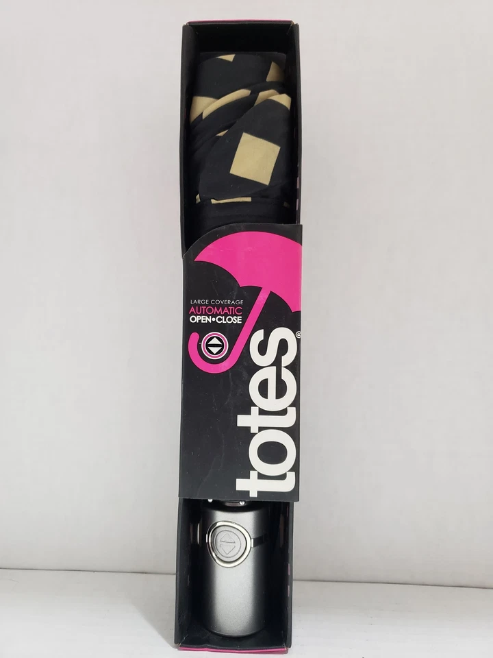 Paraguas Totes Gran Cobertura 43" Automático Abierto/Cerrado Negro/Bronceado Cuadros - NUEVO Foto 2 de 3