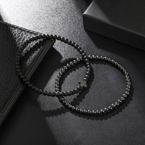 2Pcs/Set Matte Onyx Cross Beaded Bracelets Bangle Wristband Men Jewelry Gifts US - Picture 7 of 7