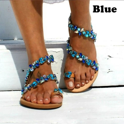 Sommer Boho Pearl Sandalen Damen Strand Sand Urlaub Schuhe Leder flach Übergröße - Bild 8 von 23