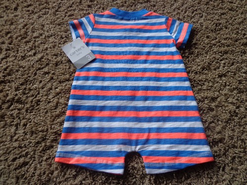 CARTERS boy's NWT sz 3M striped SS one-piece sail boat orange/blues/white - Picture 5 of 5