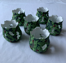 6 Christmas Votive Holders Tea Lights NOT Included Porcelain Holly and Berries