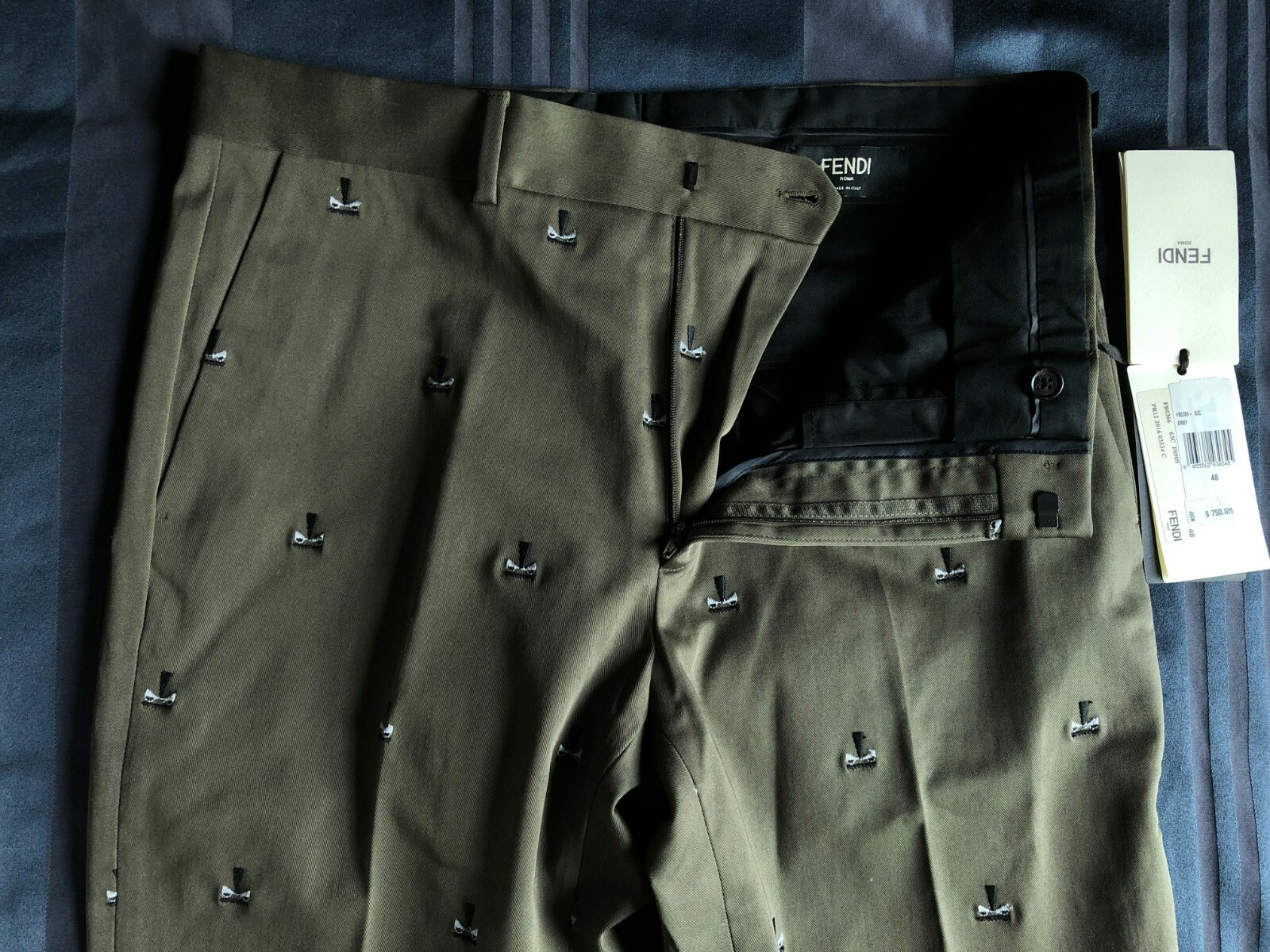 Fendi Men's 34x35 (48) Army Olive Embroidered Pants Unfinished Hem NWT