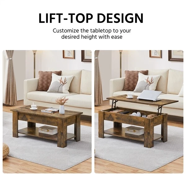 Rustic Wooden Coffee Table with Storage Lift Up Top Coffee Table for Living Room - Image 3 of 4