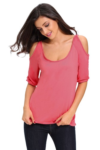 Ladies Rosy Scoop Neck Cold Shoulder Over-sized Top Blouse t-shirt size 8-10-12 - Picture 2 of 5